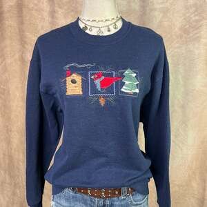 Vintage 90s Cardinal Holiday Sweater Birdhouse Embroidered Navy Christmas Tree